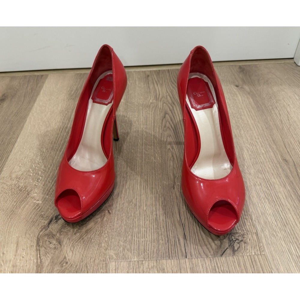 Christian Dior Red Patent Leather Peep Toe Platform Pumps Heels Size 38 Italy